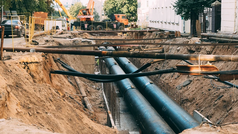 An infrastructure construction site involving the installation or repair of underground utility pipes