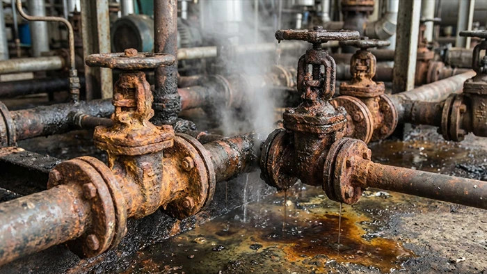 Rusted industrial pipes and leaking valve in an abandoned factory environment