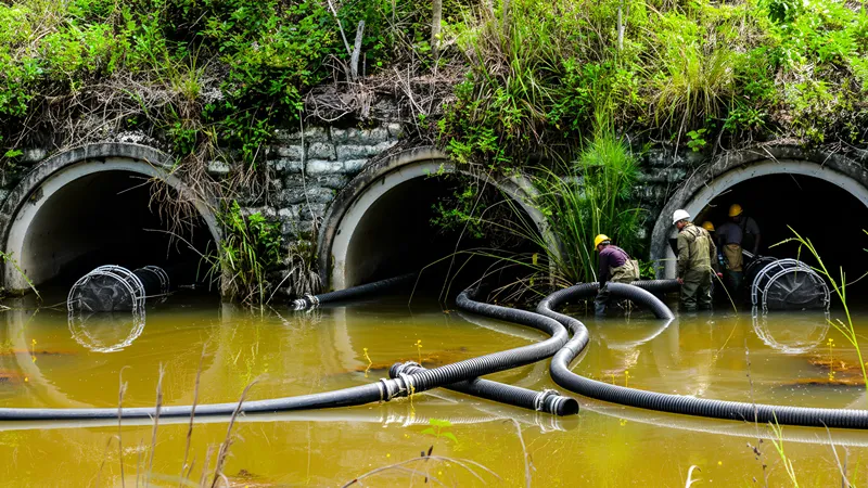Workers managing wastewater discharge from large culverts into a river or lake