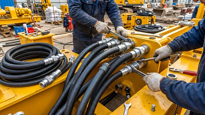Technicians working on hydraulic hose assemblies for heavy machinery