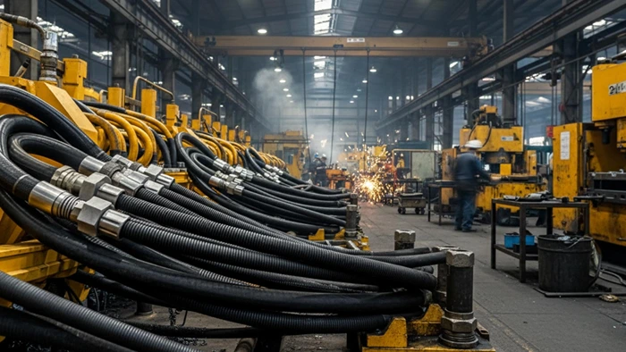 Industrial setting featuring black high-pressure hydraulic hoses and fittings