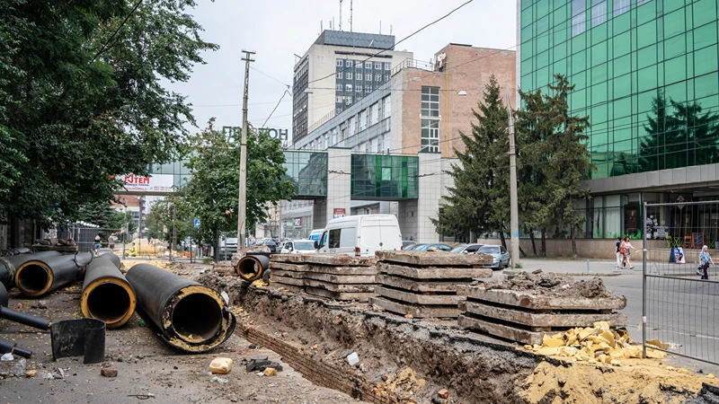 An urban construction site where infrastructure work is being performed
