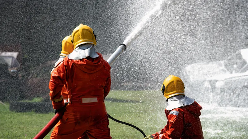 Firefighters in protective gear spraying water with a hose during training or emergency