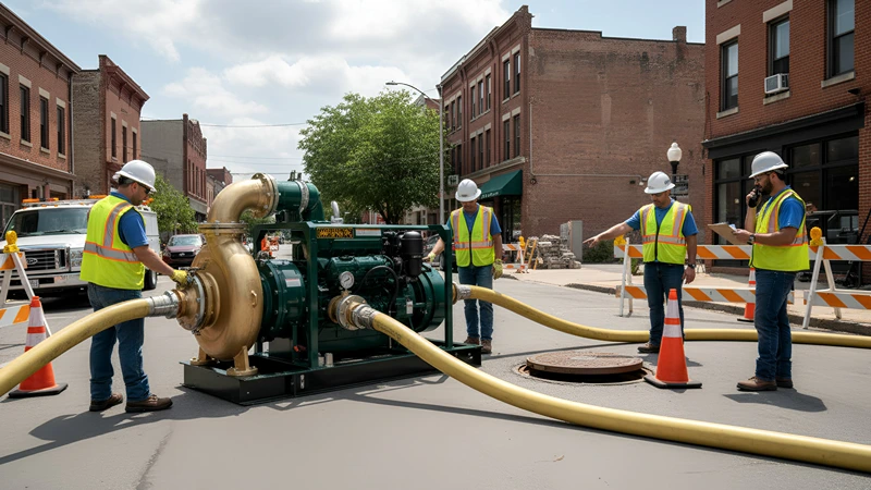 Crew operating a large self-priming dewatering pump on an urban street with hoses connected