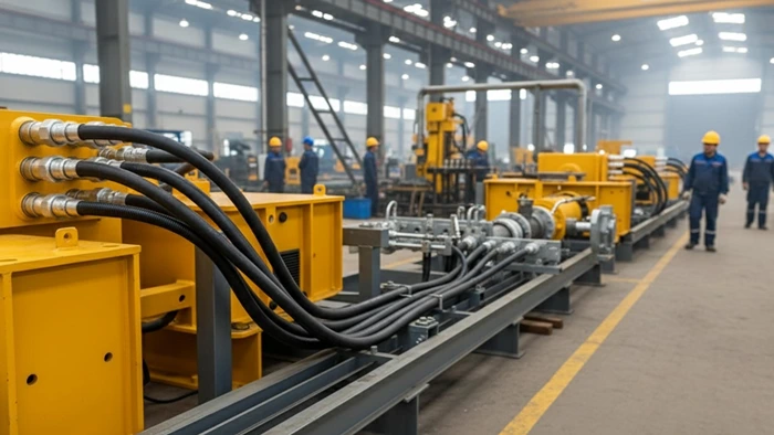 Heavy industrial machinery inside a factory environment used for manufacturing