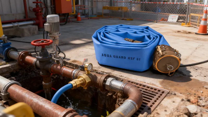 Blue coiled Aqua Guard NSF BI lay-flat hose connected to temporary plumbing setup