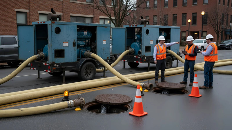 WAT-Hog lay flat hose deployed on a construction site for bypass pumping