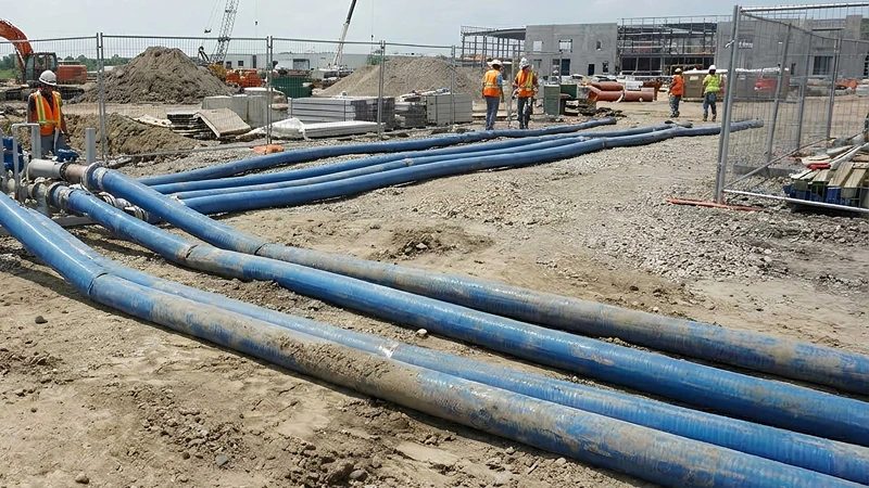 Large-diameter blue polyethylene pipes at a construction site
