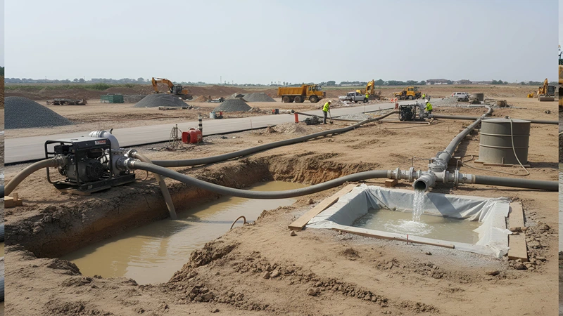 Construction site using a dewatering system to remove groundwater