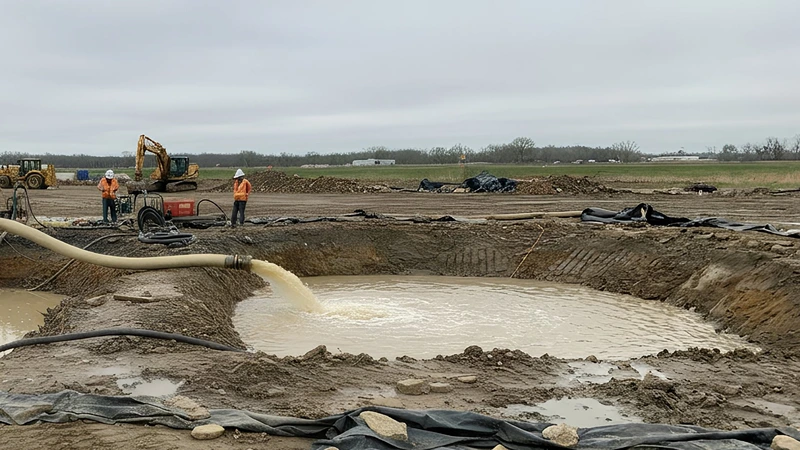 Active construction site showing workers and machinery engaged in water management activities