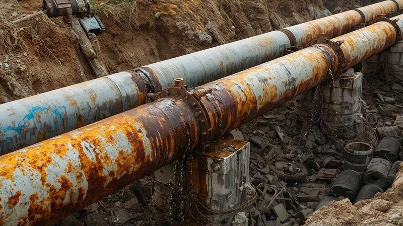Corroded industrial steel pipeline undergoing maintenance