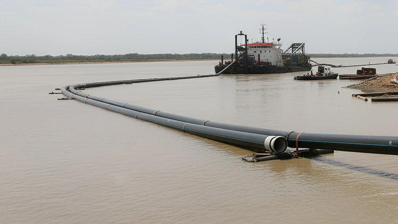 Dredge vessel with pipes moving material to shore