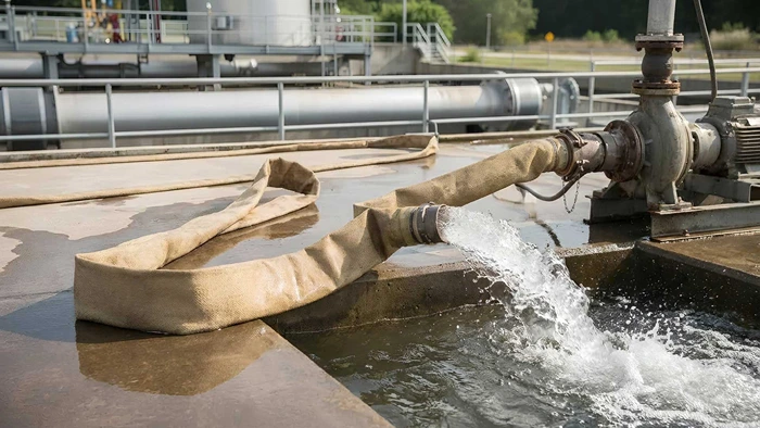 Industrial water pump discharging water through a flexible hose