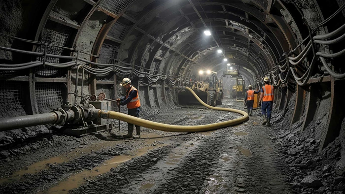 Workers performing underground mining operations using lay flat hose
