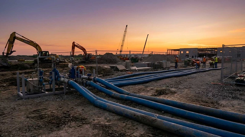Infrastructure pipeline construction project at sunrise or sunset