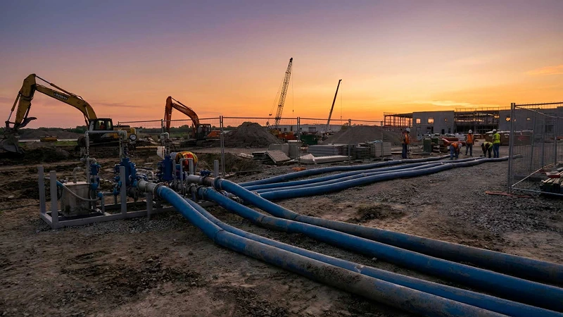 Construction site at sunset with dewatering pumps