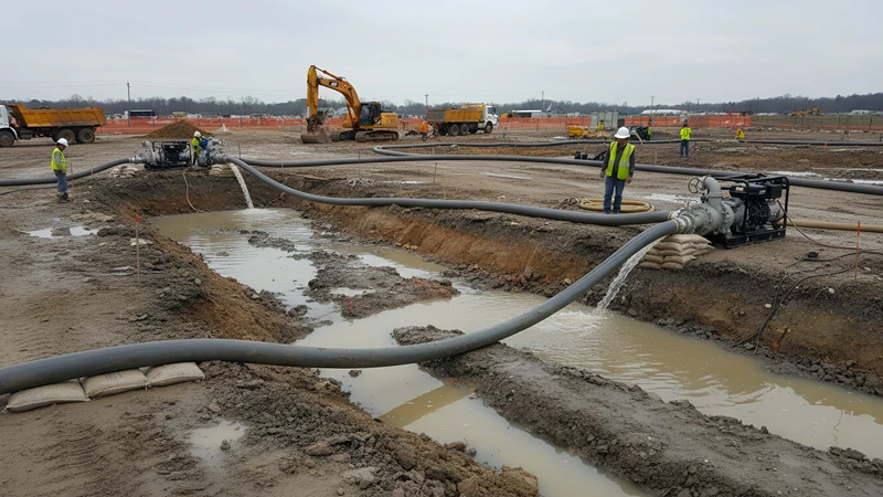 Construction site with horizontal directional drilling and pipe extraction