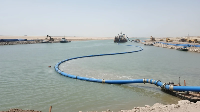 Cutter suction dredging sediment via floating pipeline to shore
