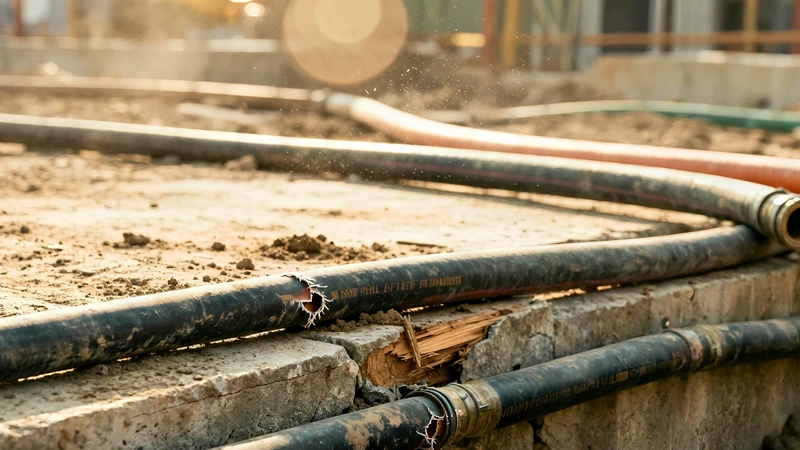 Standard lay flat hoses on site showing premature wear from abrasion and pressure