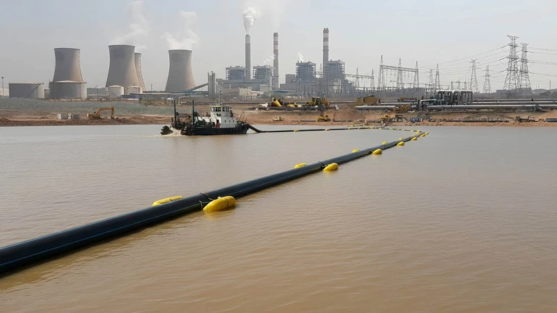 Floating industrial pipeline with buoyancy floats at coal-fired thermal power station
