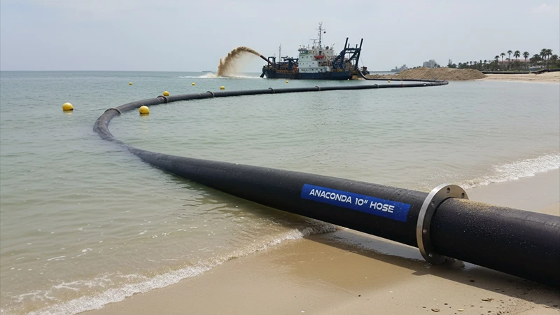 10-inch slurry discharge hose operating during dredging with steady high-volume sand and slurry flow