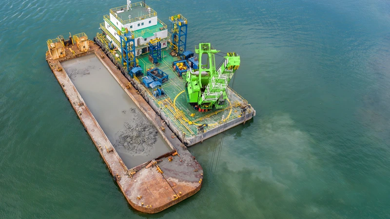 Marine crane barge and material barge performing dredging to remove sediment