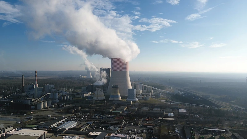 Aerial view of a large coal-fired power plant