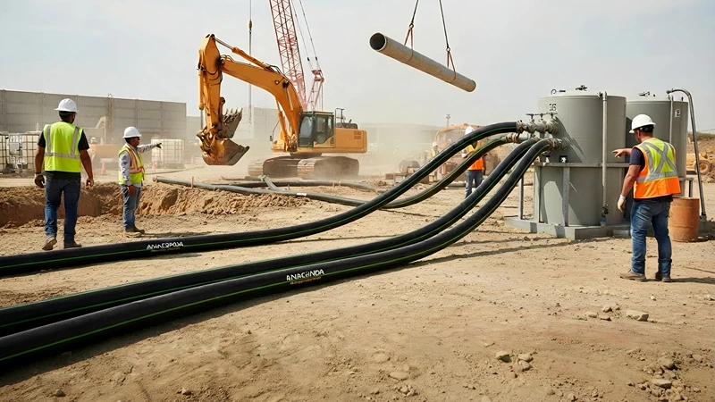 Construction site with workers laying lay flat hoses
