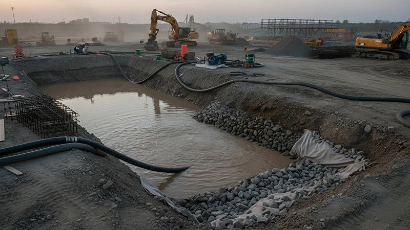 A construction site using a dewatering system to control groundwater