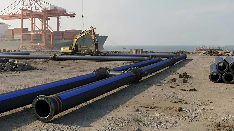 12-inch abrasion-resistant slurry discharge hoses with ANSI flanged connections installed