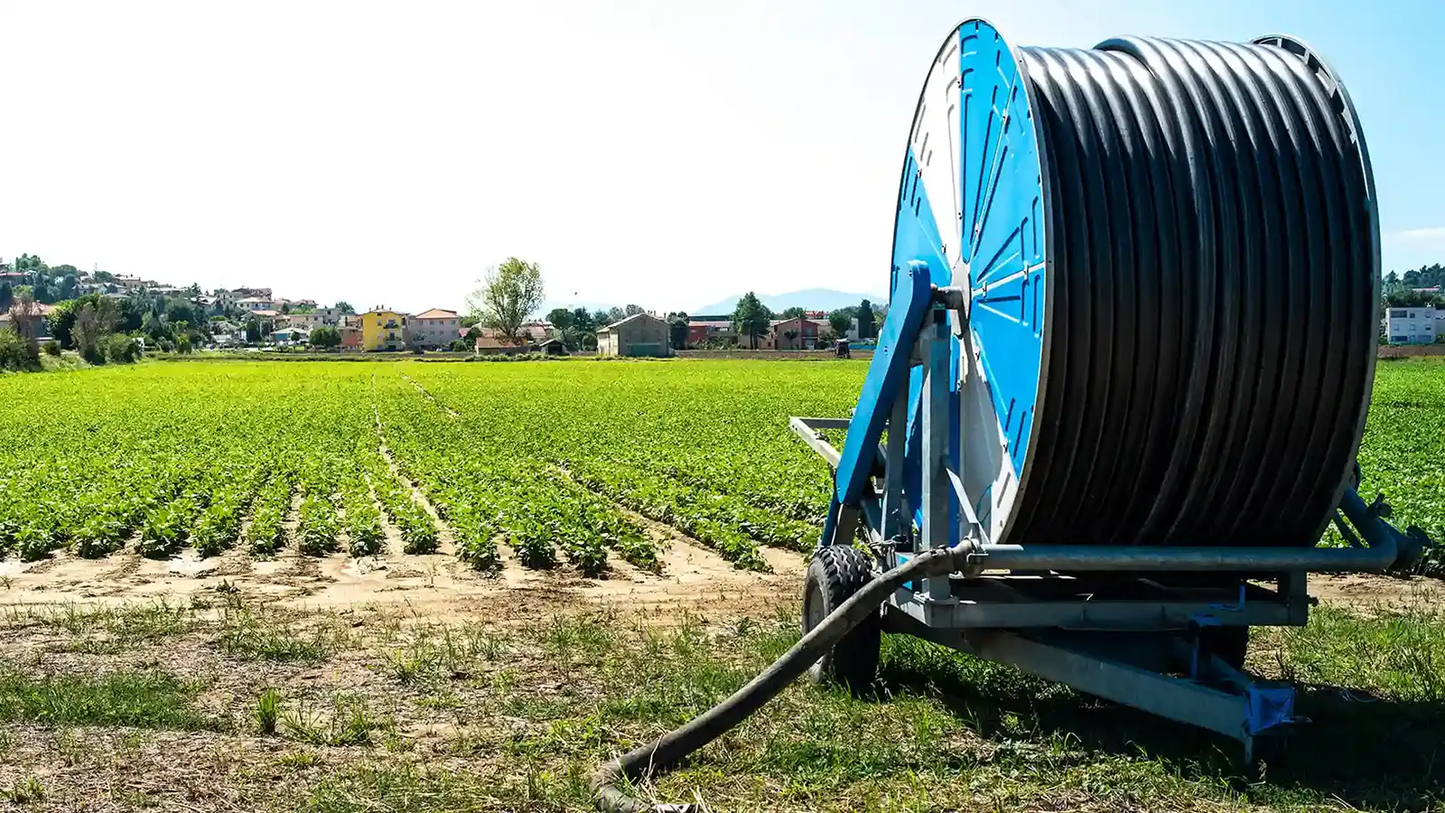 Agricultural field with liquid manure injection equipment using lay flat hose for irrigation, drainage, and water transfer across farms and rural operations