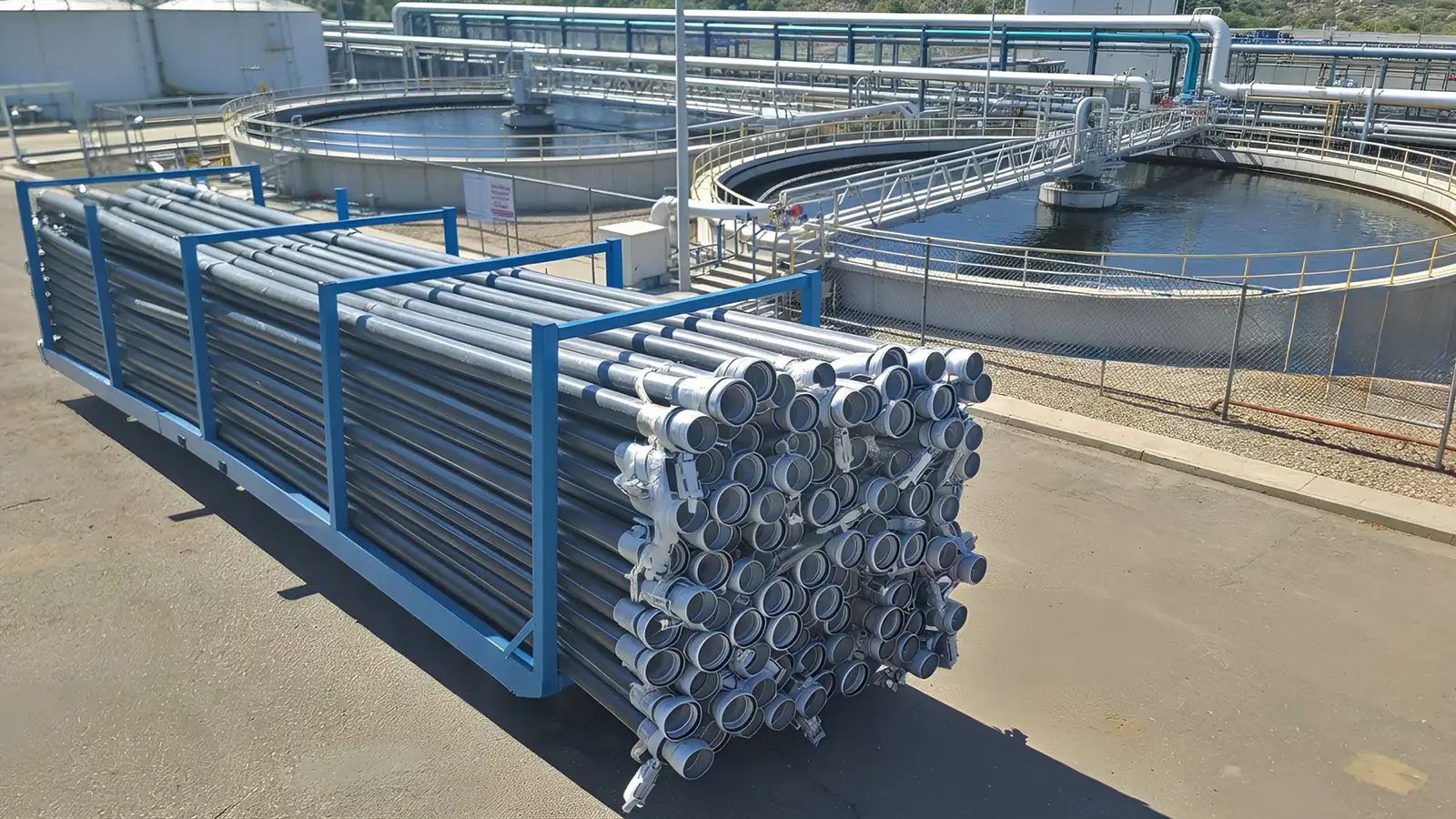 Anaconda slurry discharge hoses with ANSI flanged connections stacked in an outdoor storage yard, ready for deployment across industrial, dredging, mining, and construction applications