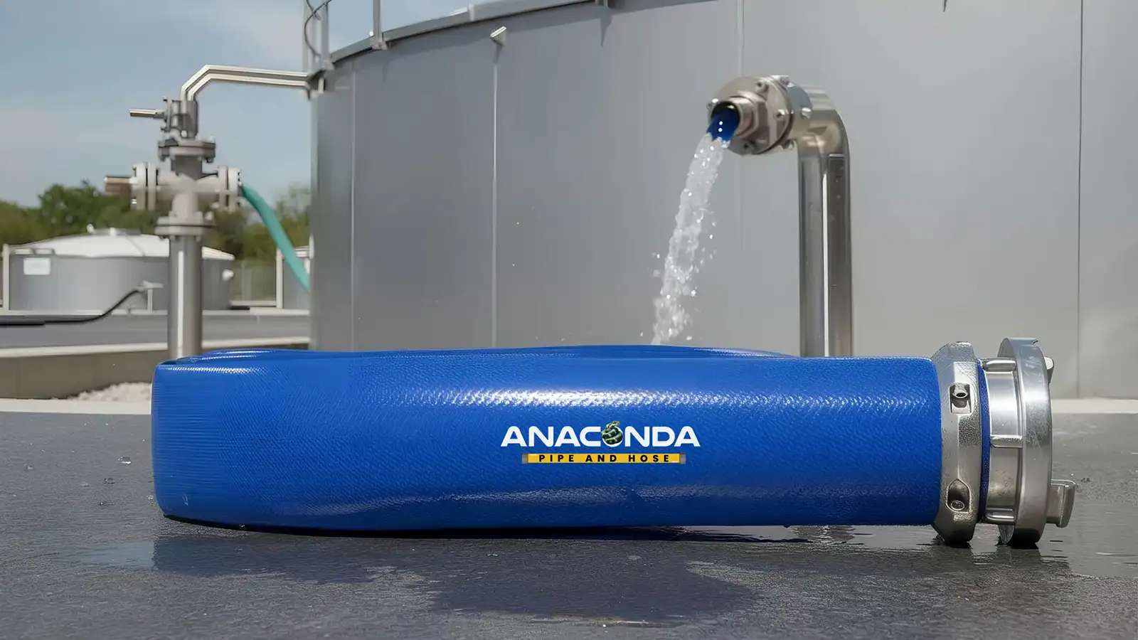 Water Duty Plus lay flat hose featuring high-tensile reinforcement for utility water transfer.