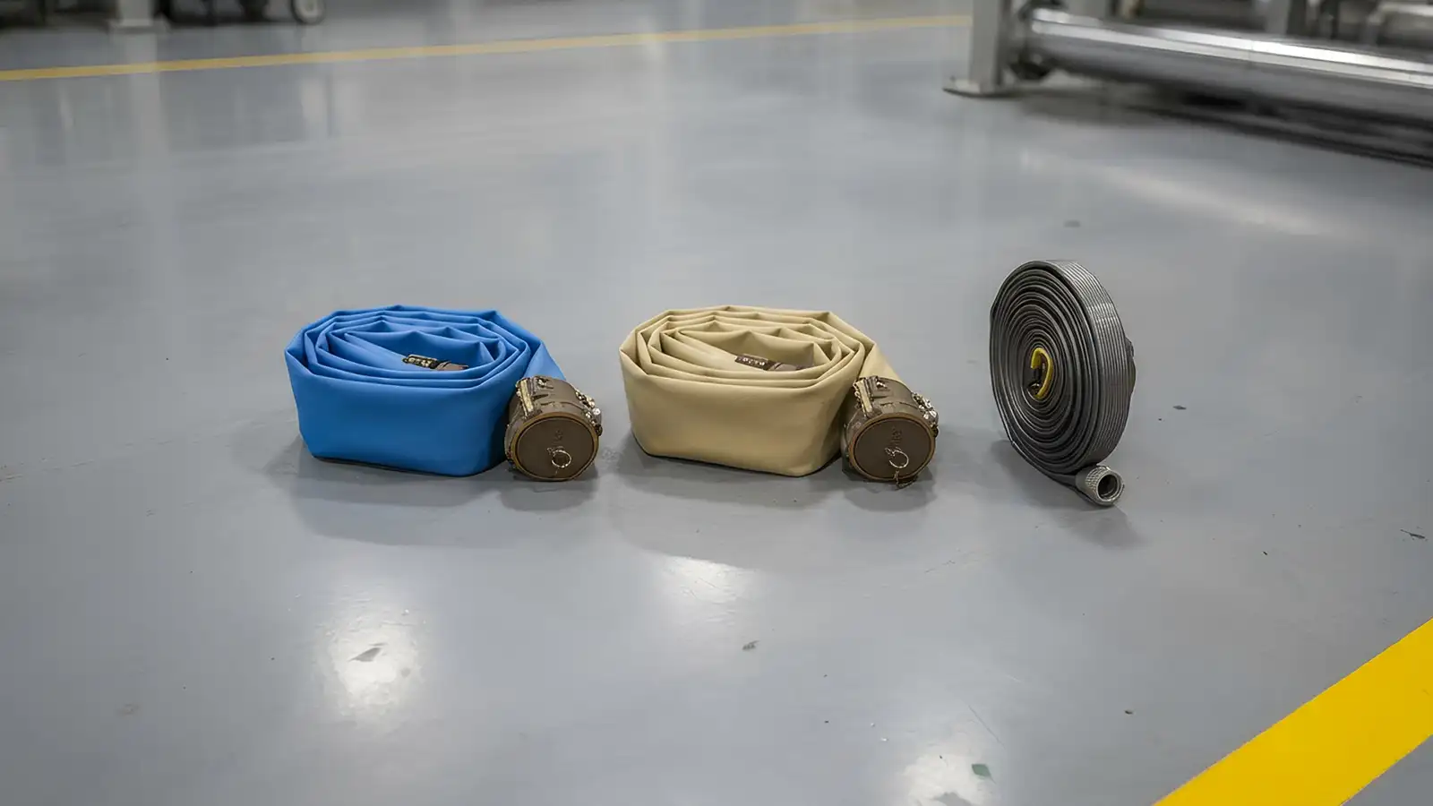 Industrial lay flat hose integrated with HDPE pipe systems and secure coupling hardware.