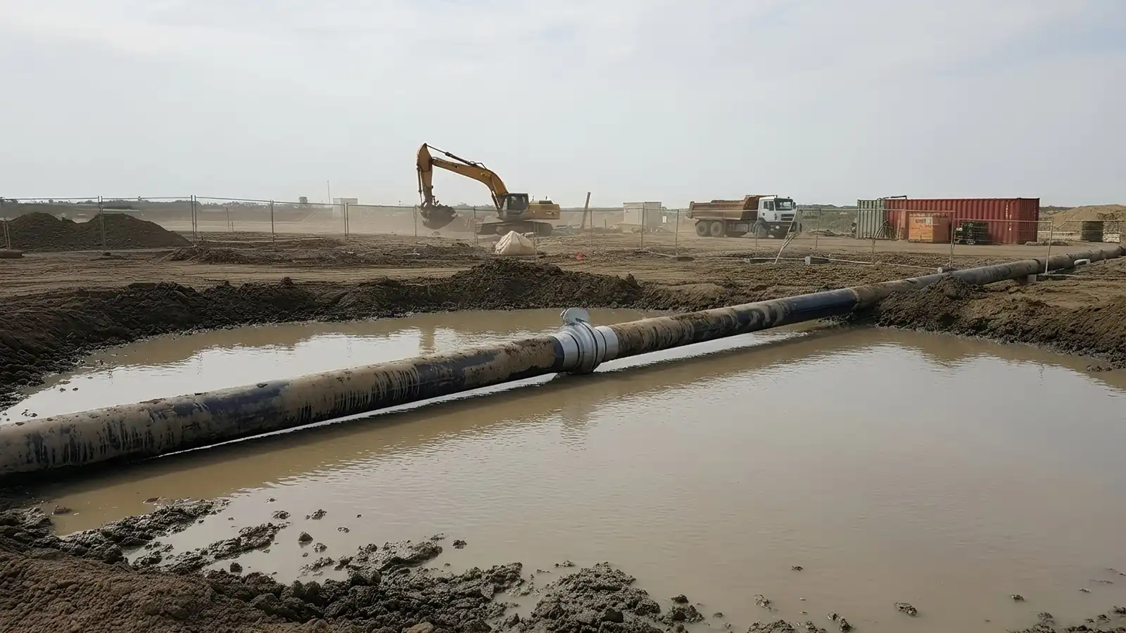 Completed installation of abrasion-resistant slurry hoses with ANSI 150 PSI flanges.