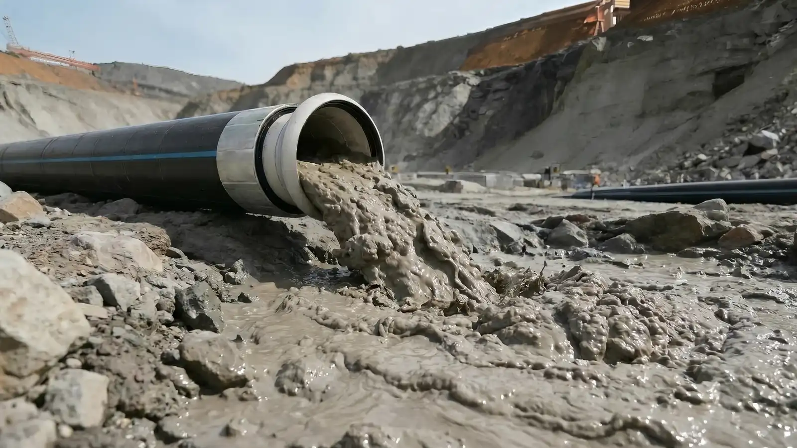 Completed installation of abrasion-resistant slurry hoses with ANSI 150 PSI flanges.