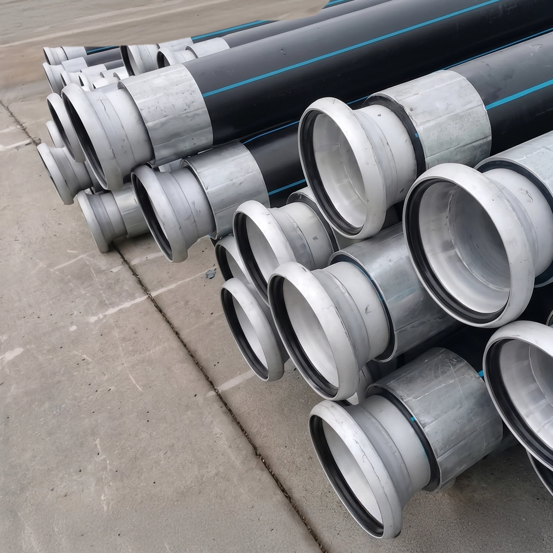 DR11 HDPE pipe with Bauer fittings stacked for industrial dewatering, dredging, slurry transfer, and bypass pumping projects by Anaconda Pipe and Hose