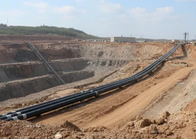 HDPE dredge pipe installation at active mining operation for abrasive slurry transport and mine dewatering applications