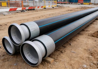 Heavy equipment installing HDPE pipe system for temporary fluid handling and construction dewatering operations